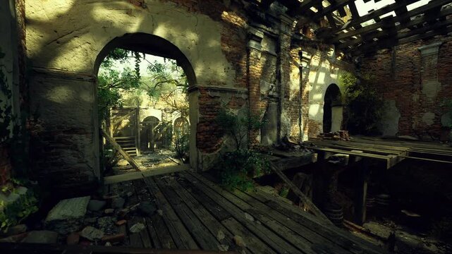 Sunlit brick archway opening to garden, explorer steps over broken floorboards into lush courtyard, golden rays through vines, warm shadows and rustic textures