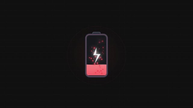 Battery charging motion animation graphic featuring red energy levels and a white lightning bolt video clip