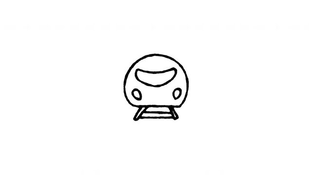 Animated 4K high speed train doodle icon with line boil action. Hand drawn line art on black and green screen backgrounds for bullet train front, railway transport, fast transit edits.