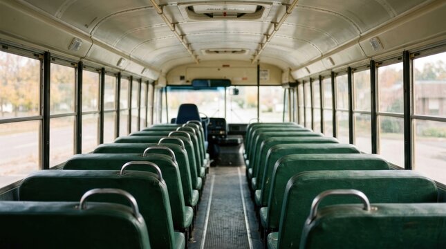 Interior view of an empty vintage bus featuring rows of green seats and a long aisle leading to the driver