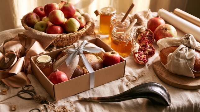 Rosh Hashanah gift wrapping station with honey jar, apples, wrapped challah, pomegranate, kraft paper and rib&hellip;
