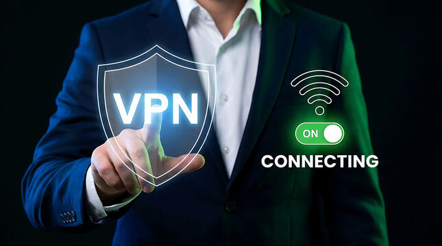 Businessman touching VPN shield icon virtual private network connection concept