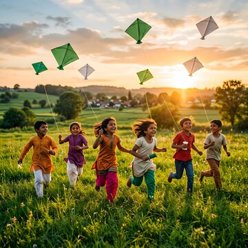 Group of Happy Pakistani Children Flying Green and White Kites in Rural Field at Sunset