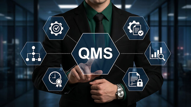 Businessman touching QMS quality management system icon process control concept