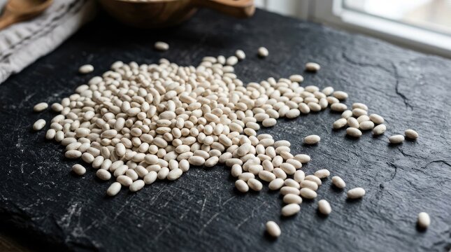 Raw white beans scattered on dark slate surface.