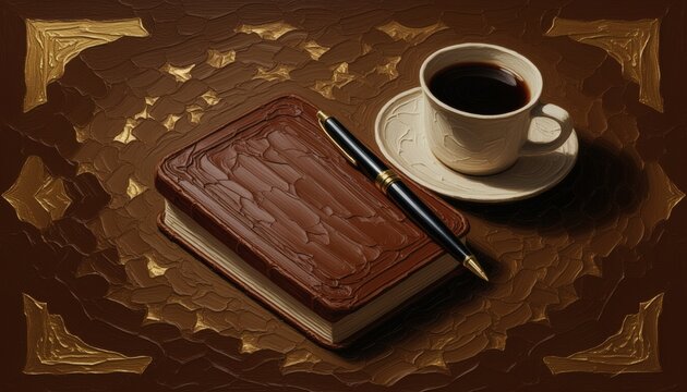 Oil painting style vintage leather journal with pen and coffee cup on textured background