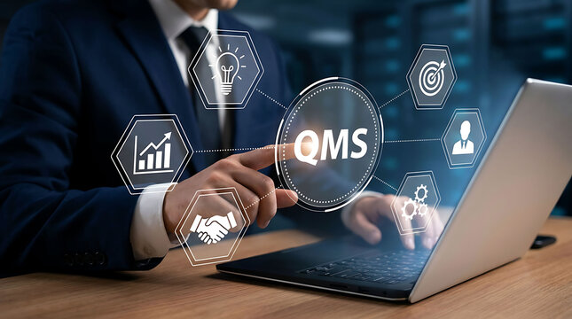 Businessman touching QMS quality management system icon laptop concept