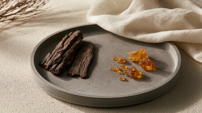 Raw amber resin and cracked desert tree bark on concrete tray with linen cloth, natural home care concept
