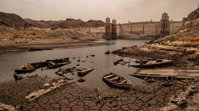 Dramatic landscape of an extreme drought caused by El Ni&ntilde;o, featuring a severely depleted reservoir with abandoned boats, cracked dry lakebed, and a massive dam in the background.