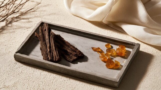 Raw amber resin and cracked desert tree bark on concrete tray with linen cloth, natural home care concept

