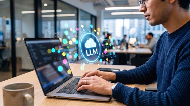 Young software engineer working on laptop with hologram icon representing large language model cloud.