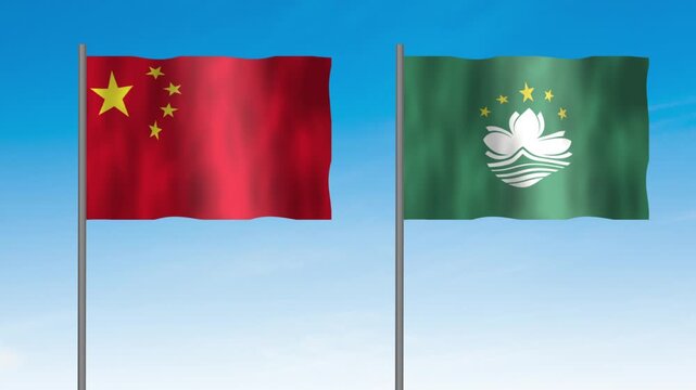 Flag of Macao and China, Pole flag of Macao and China on clear sky background. Macao and China flag waving. 
