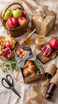 Rosh Hashanah gift wrapping station with honey jar, apples, wrapped challah, pomegranate, kraft paper and rib&hellip;
