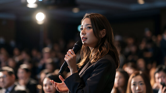 Asian woman speaking with microphone during conference speech in auditorium