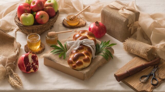 Rosh Hashanah gift wrapping station with honey jar, apples, wrapped challah, pomegranate, kraft paper and rib&hellip;
