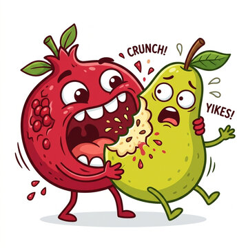 Cartoon pomegranate eating a pear. Funny fruit characters with expressions on white background.