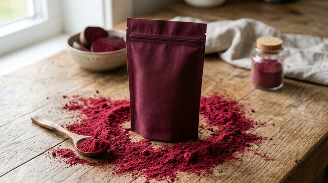 Beetroot powder in a pouch on a rustic wooden table