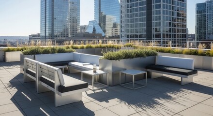 Fototapeta premium Modern Rooftop Terrace With City Views And Contemporary Seating