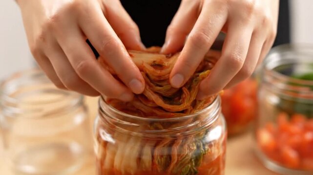 Hands fermented kimchi cabbage packing into glass jar