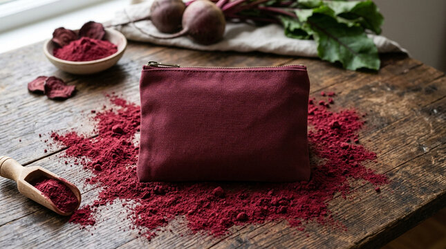 Small fabric pouch surrounded by beetroot powder on a wooden table