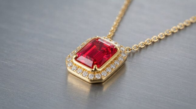 Angled view of gold emerald cut ruby diamond necklace.