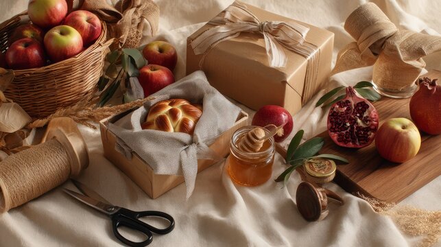 Rosh Hashanah gift wrapping station with honey jar, apples, wrapped challah, pomegranate, kraft paper and rib&hellip;
