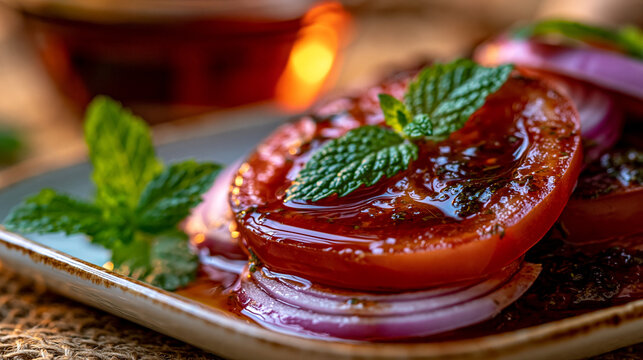 Fresh tomato slices with red onion and green mint garnish on textured serving plate, culinary