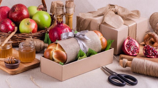 Rosh Hashanah gift wrapping station with honey jar, apples, wrapped challah, pomegranate, kraft paper and rib&hellip;
