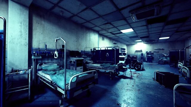 Derelict ICU with silent monitors and empty beds, tangled IV lines, darkened screens, ventilator stands idle, damp floors reflecting harsh ceiling lights,