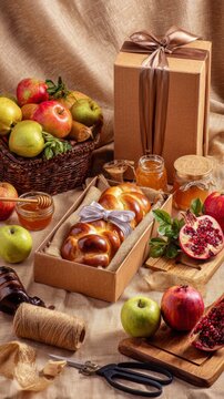 Rosh Hashanah gift wrapping station with honey jar, apples, wrapped challah, pomegranate, kraft paper and rib&hellip;
