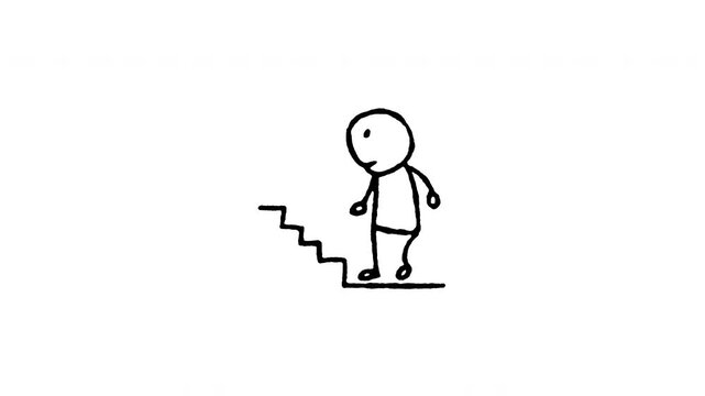 Animated 4K stairs navigation doodle icon. White hand drawn line art on black and green screen backgrounds for staircase steps, wayfinding direction, public pedestrian walkway video edits.