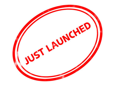 Red just launched rubber stamp icon, oval promotional seal on white background, product release marketing graphic