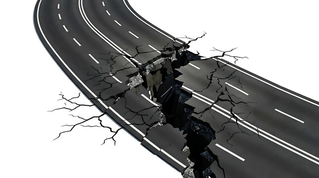 Cracked asphalt road damaged by earthquake disaster isolated on white background