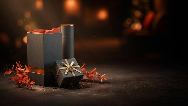 Luxury holiday gift box mockup with gold and orange packaging in warm 3D render