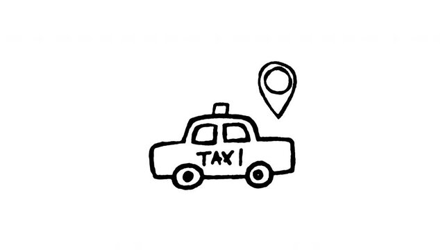 Hand drawn 4K taxi stand location doodle animation with boiling line effect. Frame by frame outline on black and green screen backgrounds, perfect for cab pick up point, taxi rank pin map.
