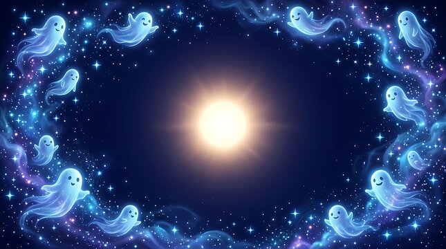 A magical glowing halloween background featuring a frame of ethereal spirits and floating ghosts surrounding a bright central moon light
