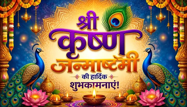 Happy Krishna janmashtami in hindi, Shri Krishna Janmashtami ki shubhkamnaye hindi text calligraphy, greeting card for Krishna Janmashtami festival