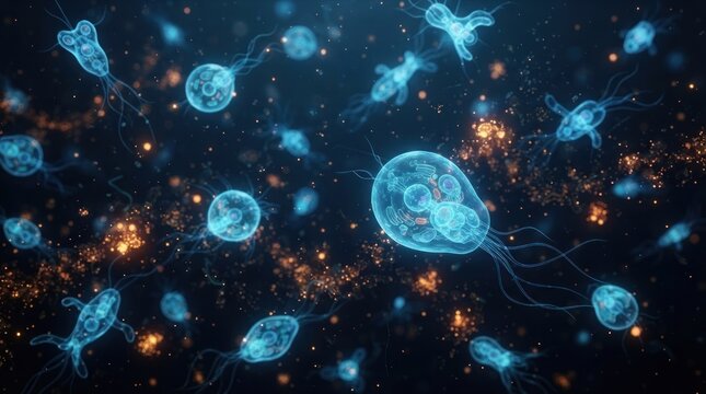 Bioluminescent microscopic organisms floating in dark deep water.