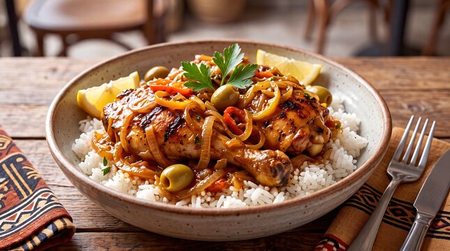 Authentic Senegalese Poulet Yassa Chicken with Spicy Onion Sauce and Olives Served over White Rice