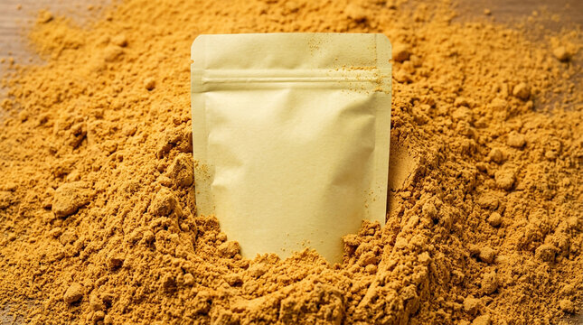 Blank Stand-up Pouch Surrounded by Yellow Turmeric Powder