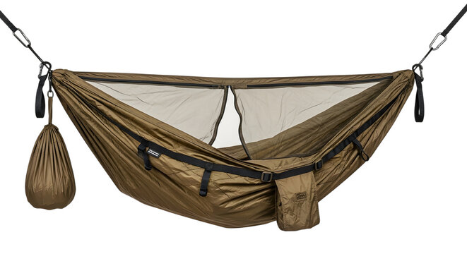 Brown camping hammock with bug net isolated on transparent background