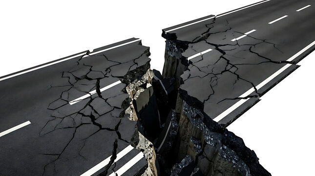 Broken asphalt road with a massive crack split in two by an earthquake on white background