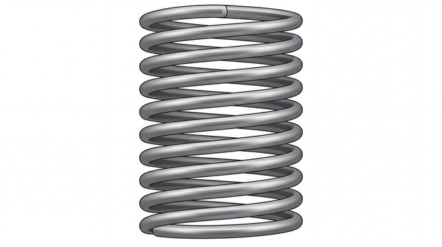 Industrial metallic coil spring showing strong steel helical design rendered in sharp detail on white background