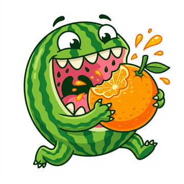 Funny watermelon monster eating an orange. Cartoon fruit character with a hungry expression.