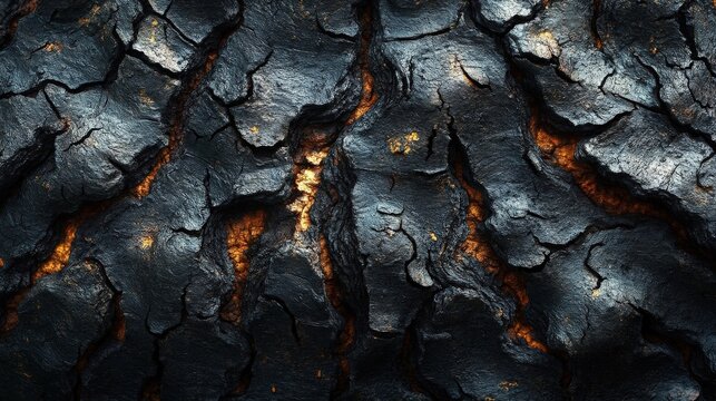 Abstract Texture Of Glowing Burning Charcoal Surface With Intense Cracks And Warm Orange Fire Light
