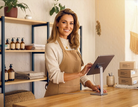 European Small Business Owner Managing Inventory on Tablet in Stylish Independent Shop &ndash; Authentic Entrepreneurial Lifestyle