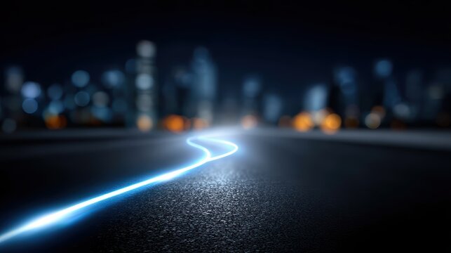 Glowing light trail on asphalt road at night city background