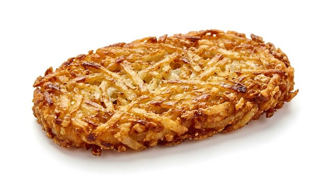 Golden brown crispy potato hash brown patty isolated on white background
