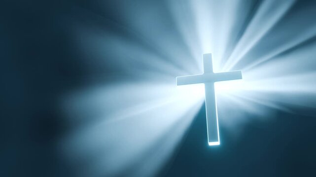 A 3d radiant glowing white cross emitting dynamic volumetric blue light rays against a dark background, creating a sacred, heavenly atmosphere.