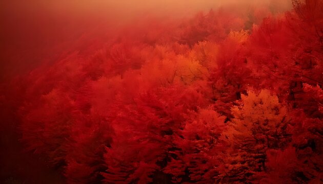 Abstract background of dense autumn forest foliage in vibrant red tones.